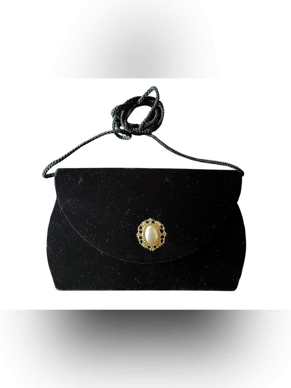 Black Velvet Evening Clutch with Gold Cameo Accent